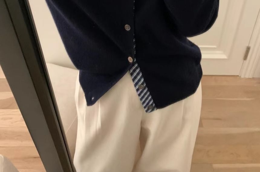 Crew Neck Plaid Trim Button Cardigan