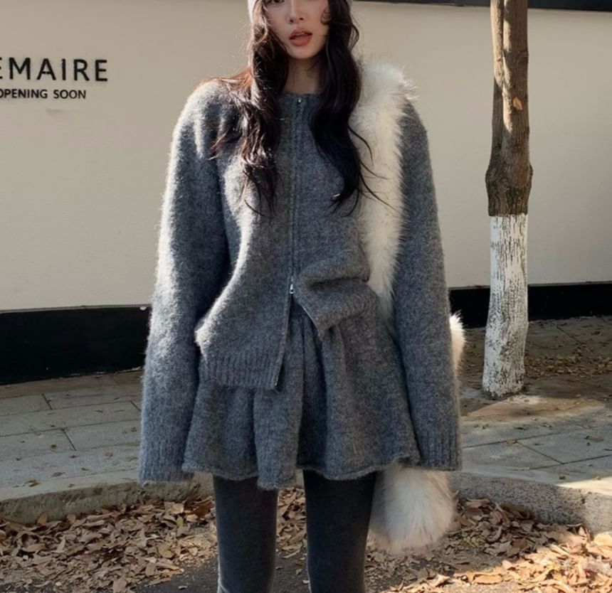 Set: Round Neck Plain Zip Cardigan + High Waist Mini A-Line Skirt