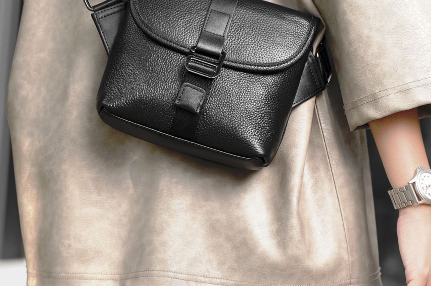 Buckled Genuine Leather Flap Crossbody Bag