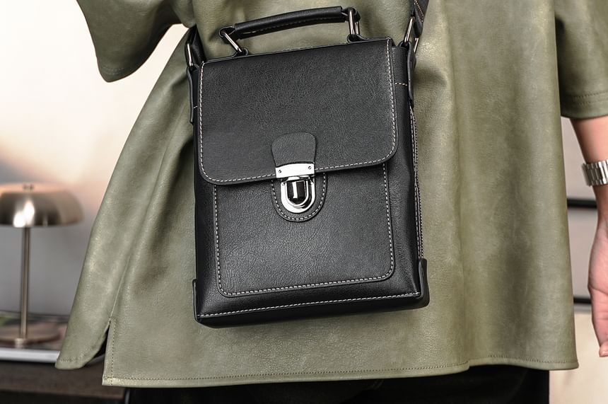 Contrast Stitching Buckled Faux Leather Flap Crossbody Bag