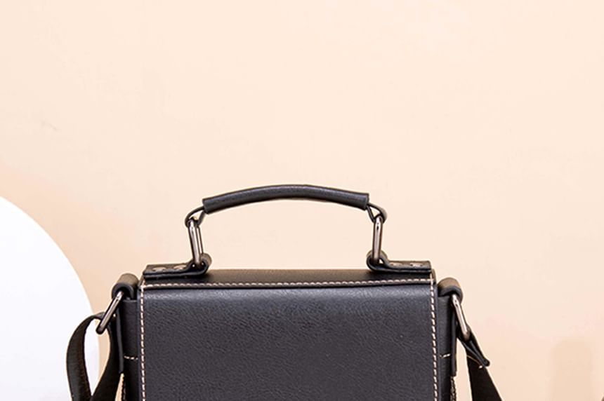 Contrast Stitching Buckled Faux Leather Flap Crossbody Bag