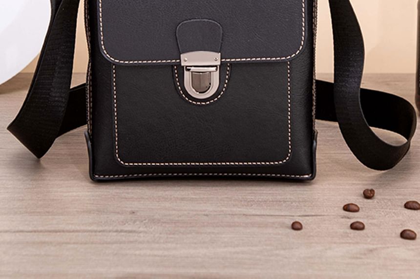 Contrast Stitching Buckled Faux Leather Flap Crossbody Bag