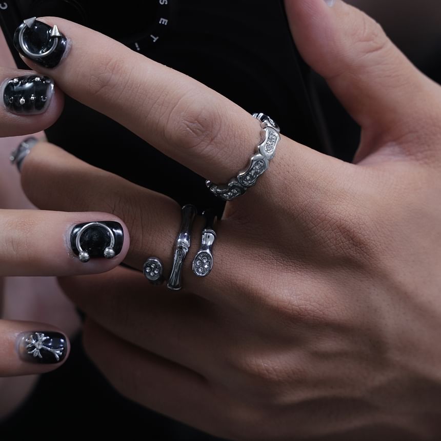 Stainless Steel Rhinestone Silver Tone Ring / Set