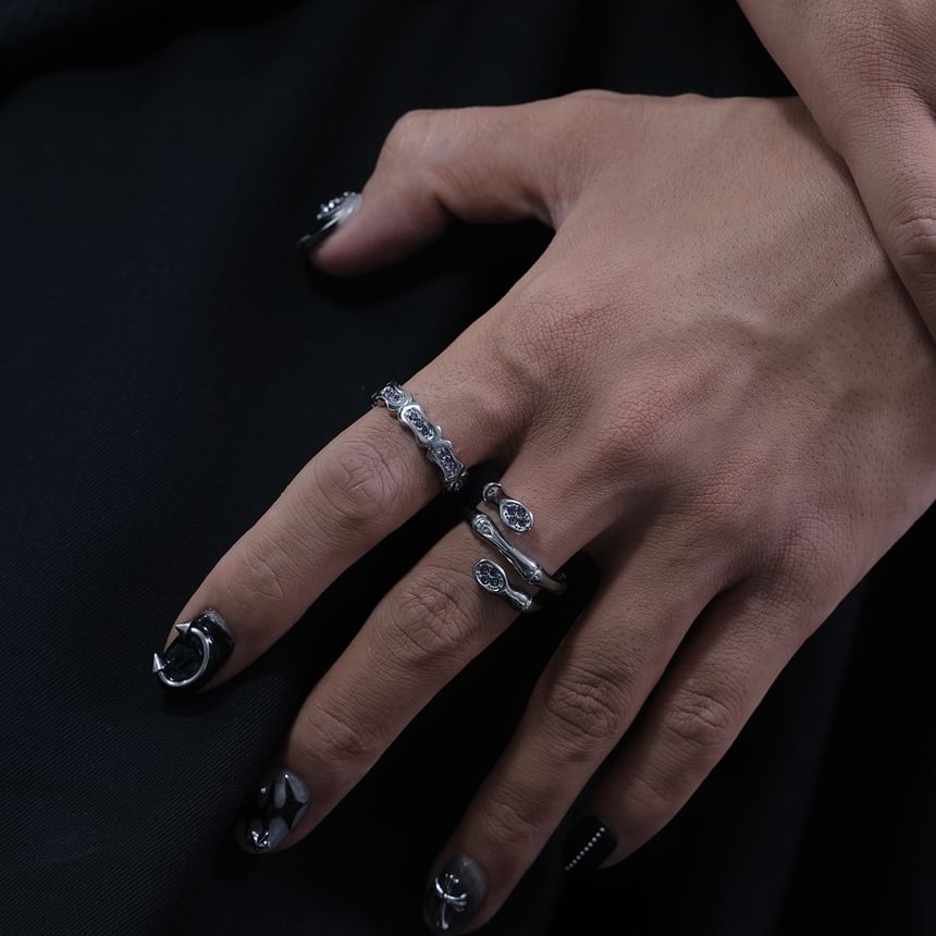 Stainless Steel Rhinestone Silver Tone Ring / Set