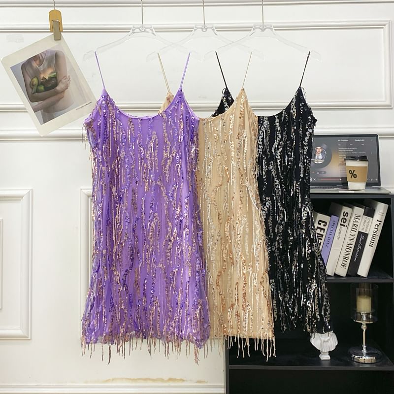 Spaghetti Strap Sequin Fringe Mini Bodycon Dress