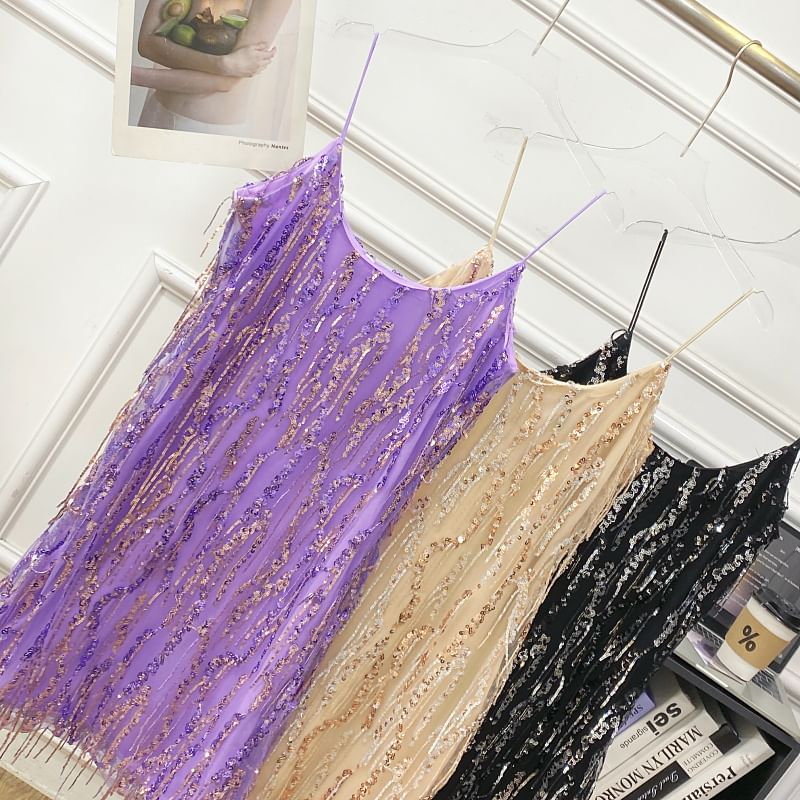 Spaghetti Strap Sequin Fringe Mini Bodycon Dress