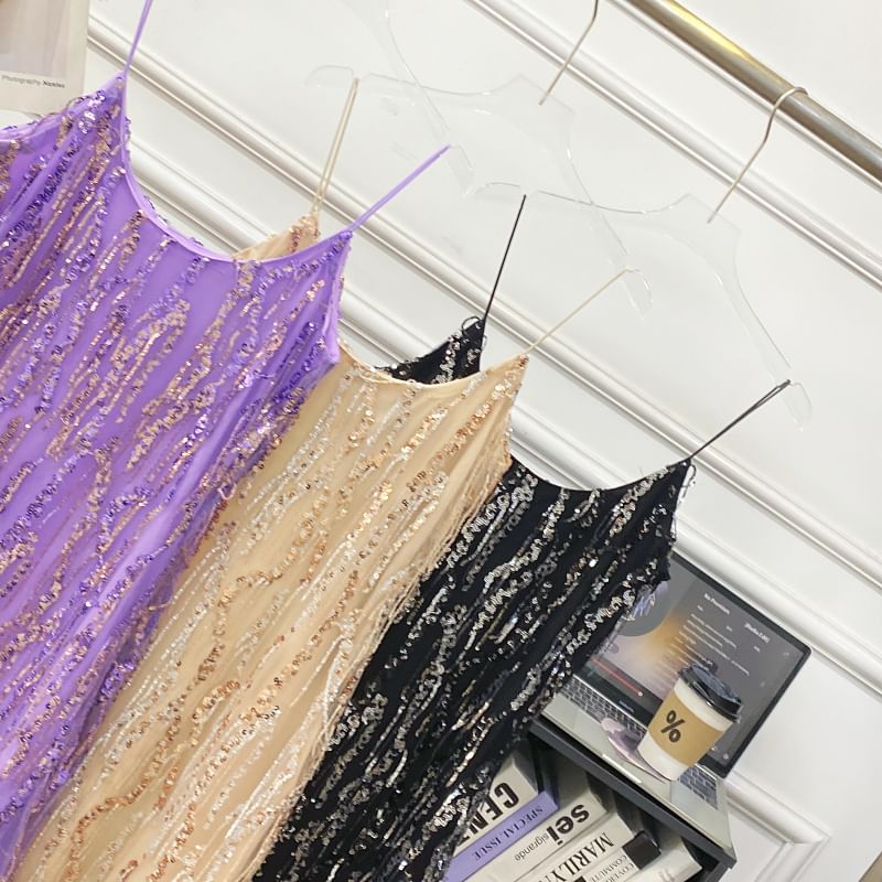 Spaghetti Strap Sequin Fringe Mini Bodycon Dress