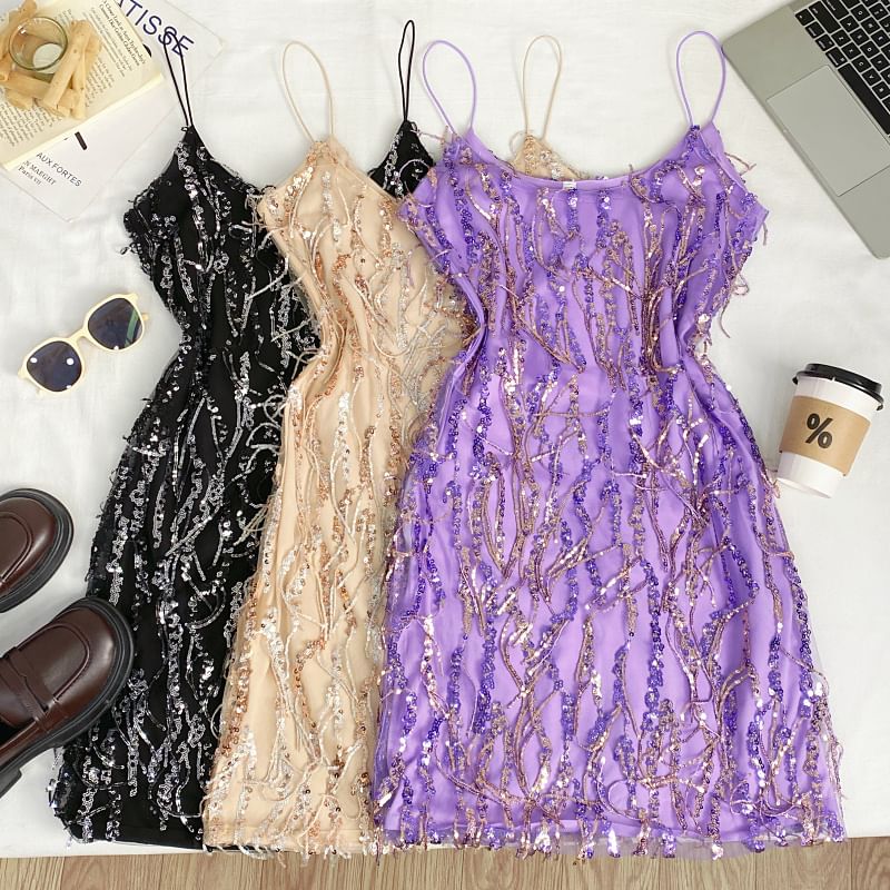 Spaghetti Strap Sequin Fringe Mini Bodycon Dress