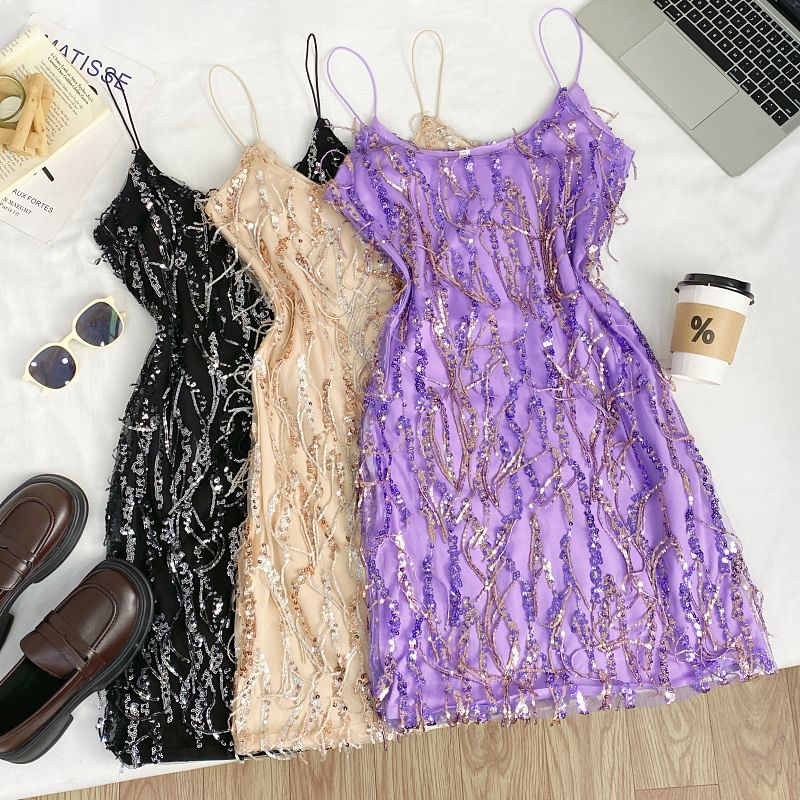 Spaghetti Strap Sequin Fringe Mini Bodycon Dress