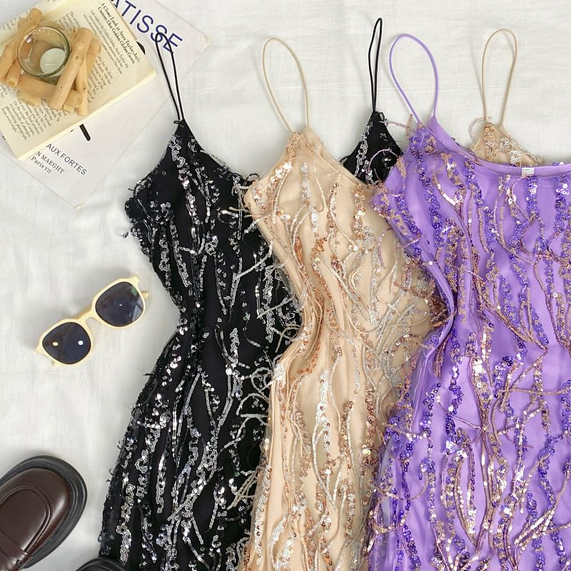 Spaghetti Strap Sequin Fringe Mini Bodycon Dress