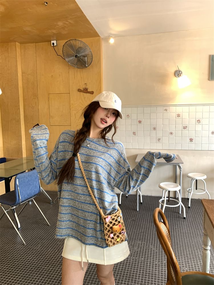 Striped T-Shirt with Long Sleeves and Crew Neckline in Solid Design