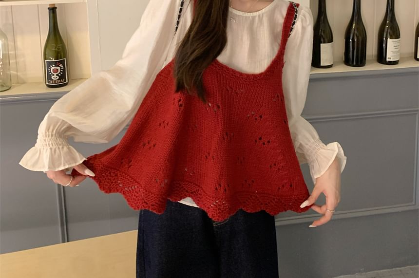 Solid Round-Neck Blouse with Long Sleeves and Scoop-Neck Camisole Set