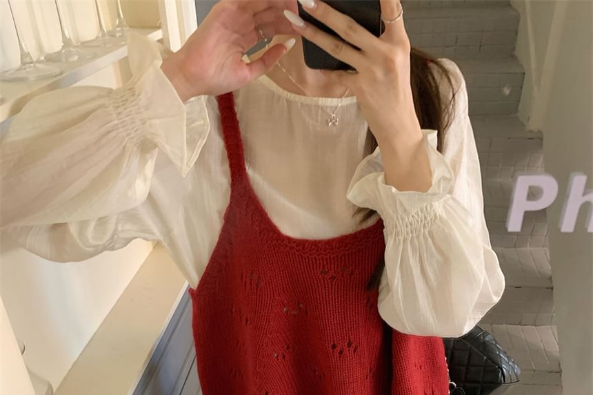 Solid Round-Neck Blouse with Long Sleeves and Scoop-Neck Camisole Set