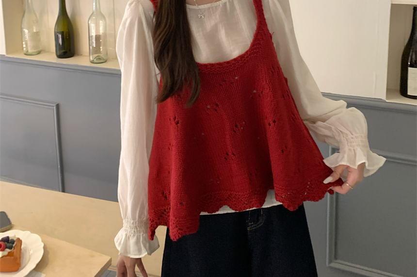 Solid Round-Neck Blouse with Long Sleeves and Scoop-Neck Camisole Set