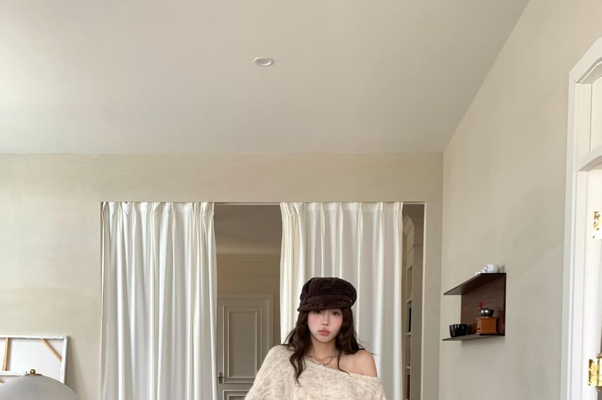 Off-Shoulder Solid Knit Sweater with Matching Belt Accent