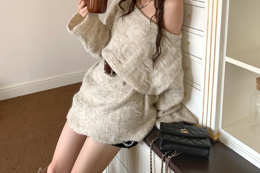 Off-Shoulder Solid Knit Sweater with Matching Belt Accent