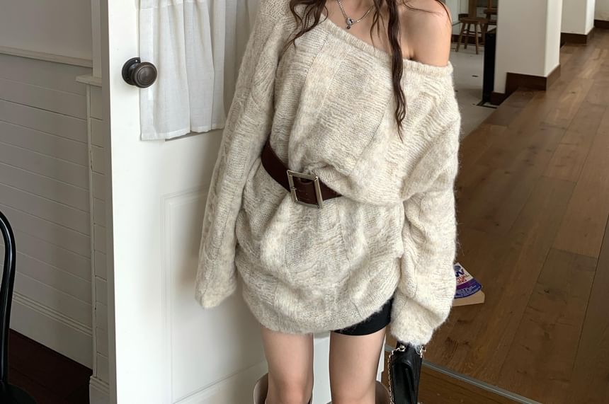 Off-Shoulder Solid Knit Sweater with Matching Belt Accent