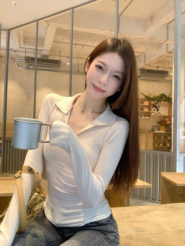 Solid Half-Zip Polo Shirt with Long Sleeves and Collared Neckline