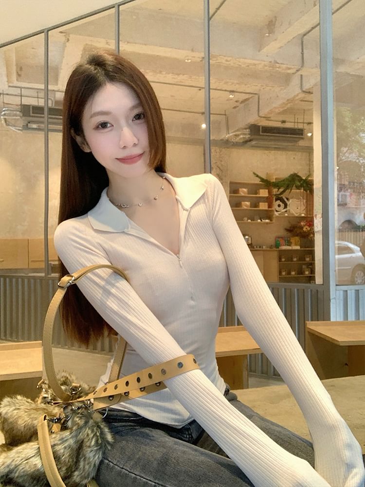 Solid Half-Zip Polo Shirt with Long Sleeves and Collared Neckline