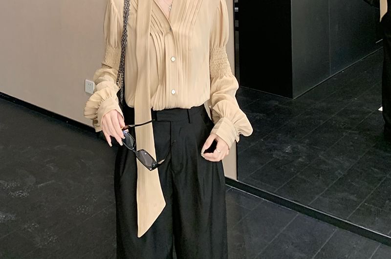 Pleated Blouse with V-Neck and Long Sleeves in Solid Color