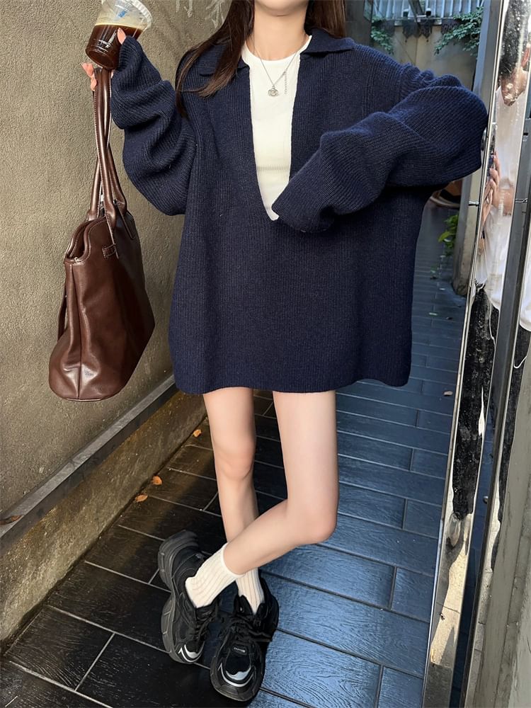 Sweater with Collar and Long Sleeves / Knit Shorts / Round Neck Tee