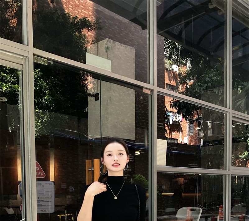 Solid Mock-Neck Knit Top with Elbow Sleeves and High-Waist Wide-Leg Pants