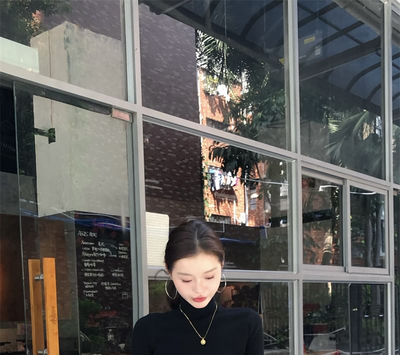 Solid Mock-Neck Knit Top with Elbow Sleeves and High-Waist Wide-Leg Pants