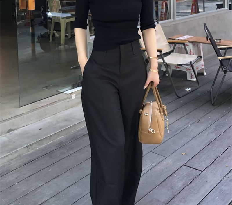 Solid Mock-Neck Knit Top with Elbow Sleeves and High-Waist Wide-Leg Pants