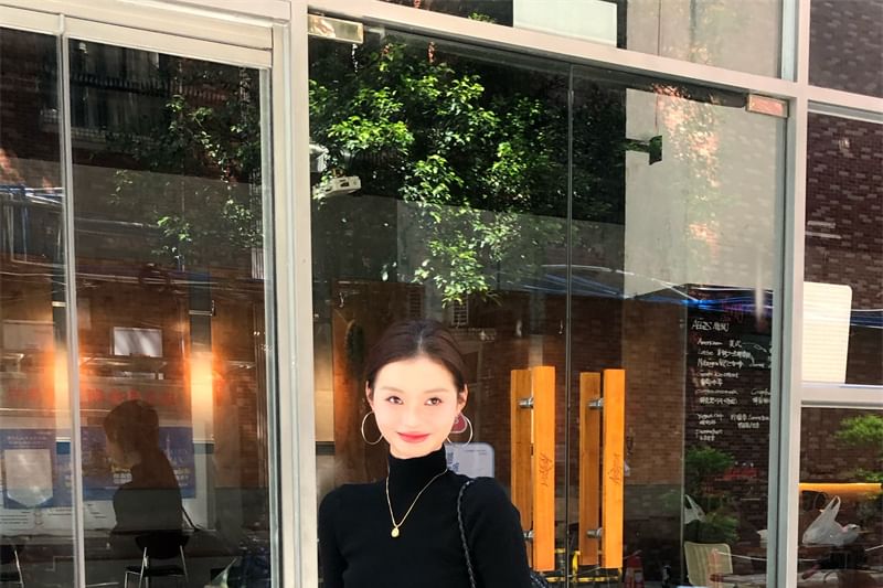 Solid Mock-Neck Knit Top with Elbow Sleeves and High-Waist Wide-Leg Pants