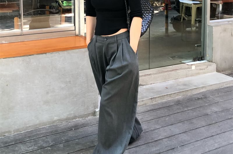 Solid Mock-Neck Knit Top with Elbow Sleeves and High-Waist Wide-Leg Pants