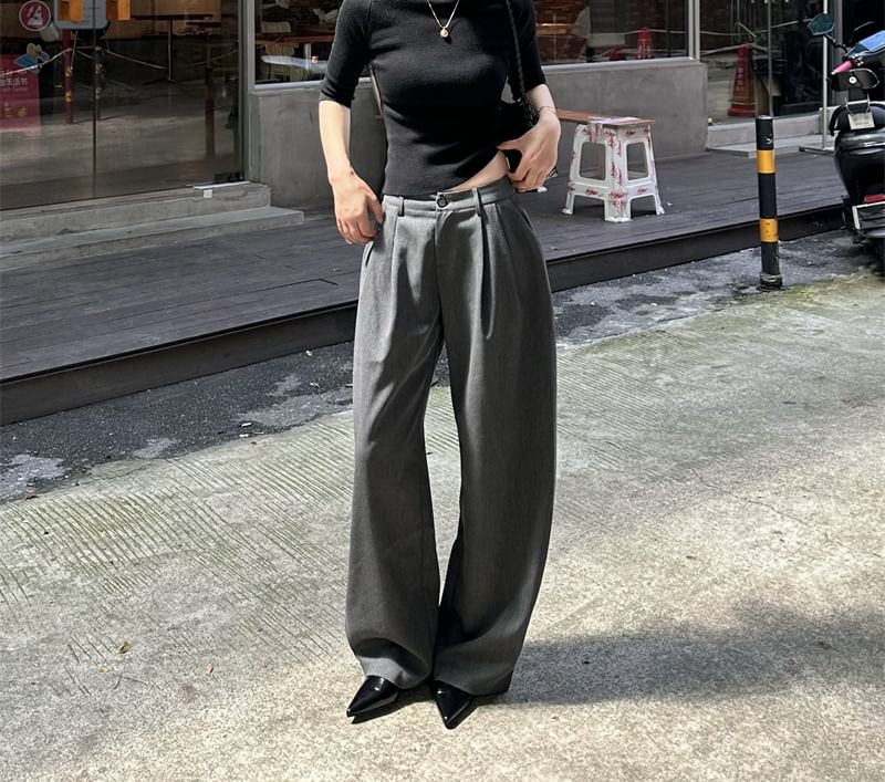 Solid Mock-Neck Knit Top with Elbow Sleeves and High-Waist Wide-Leg Pants