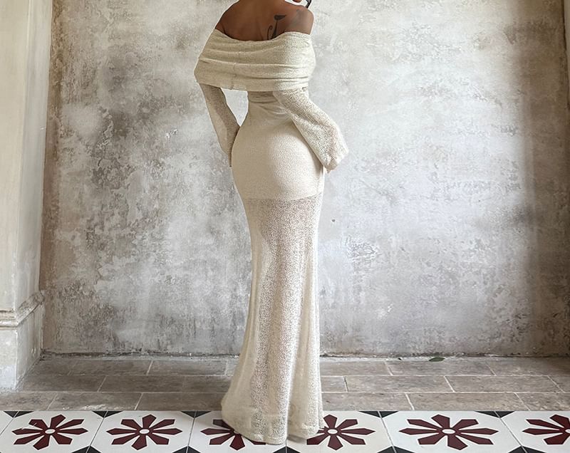 Off-Shoulder Long-Sleeve Glitter Mermaid Dress & Mini Skirt Set