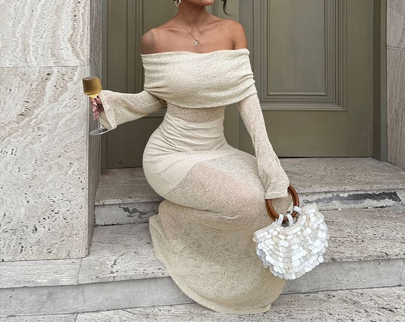 Off-Shoulder Long-Sleeve Glitter Mermaid Dress & Mini Skirt Set