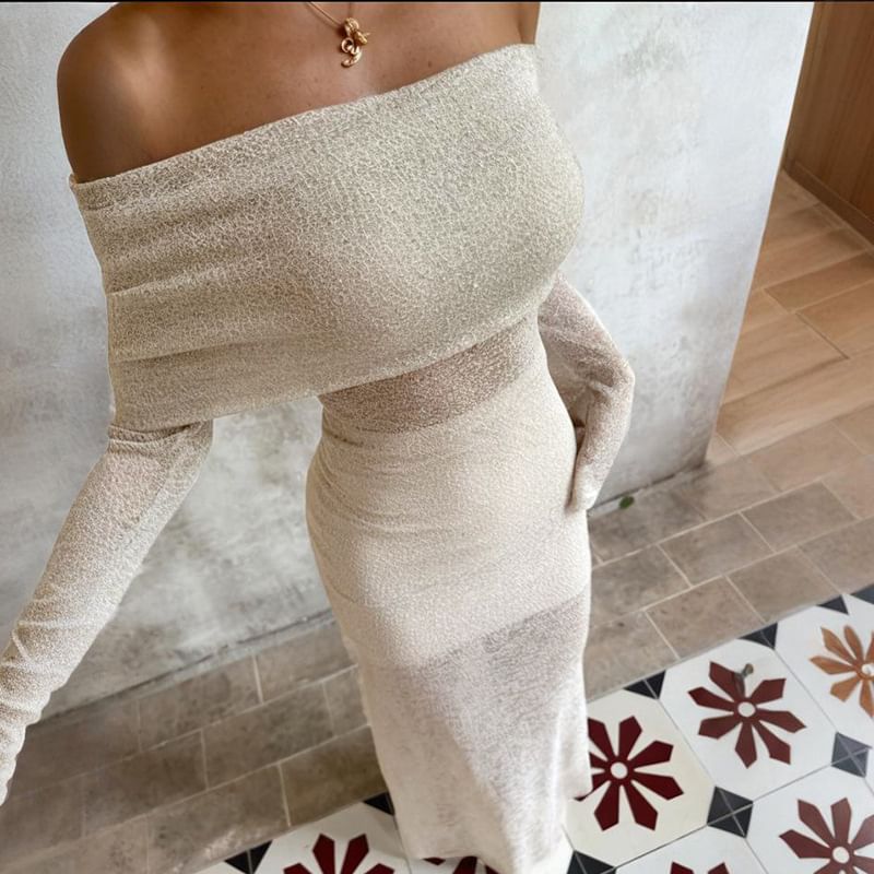 Off-Shoulder Long-Sleeve Glitter Mermaid Dress & Mini Skirt Set