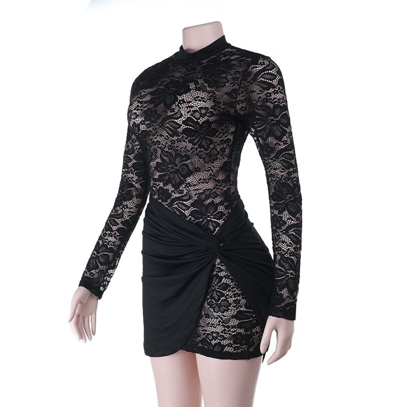 Crew Neck Lace Bodycon Dress & Knotted Wrap Skirt Set