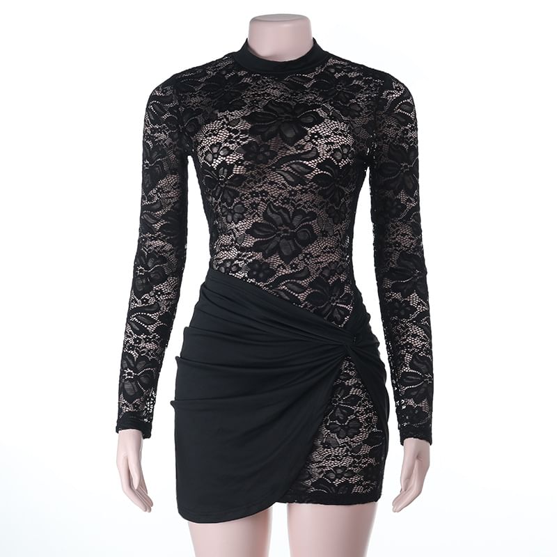 Crew Neck Lace Bodycon Dress & Knotted Wrap Skirt Set