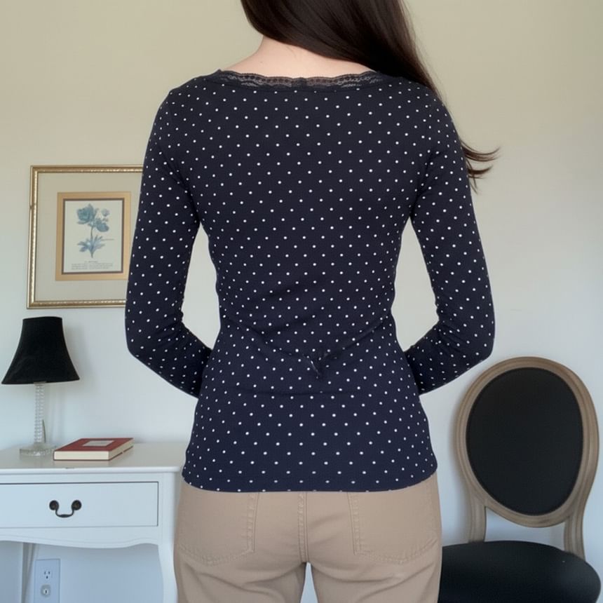 Scoop Neck Lace-Trim Dotted Slim-Fit T-Shirt Long Sleeve
