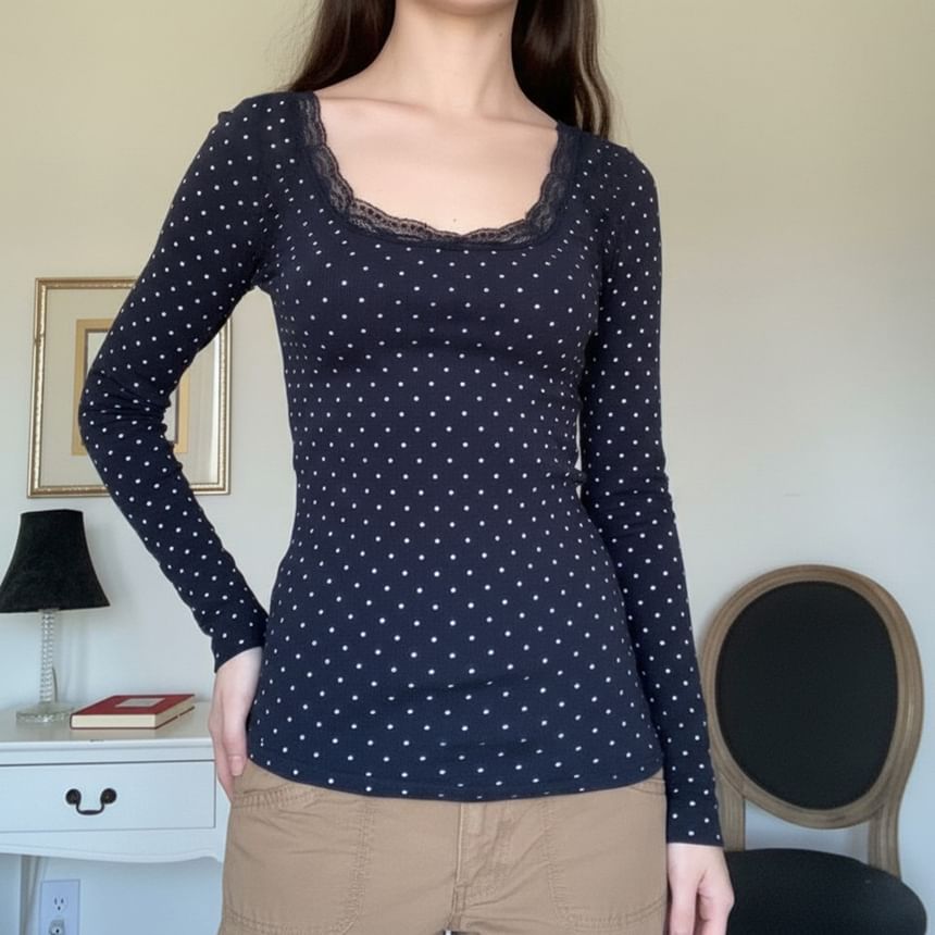 Scoop Neck Lace-Trim Dotted Slim-Fit T-Shirt Long Sleeve