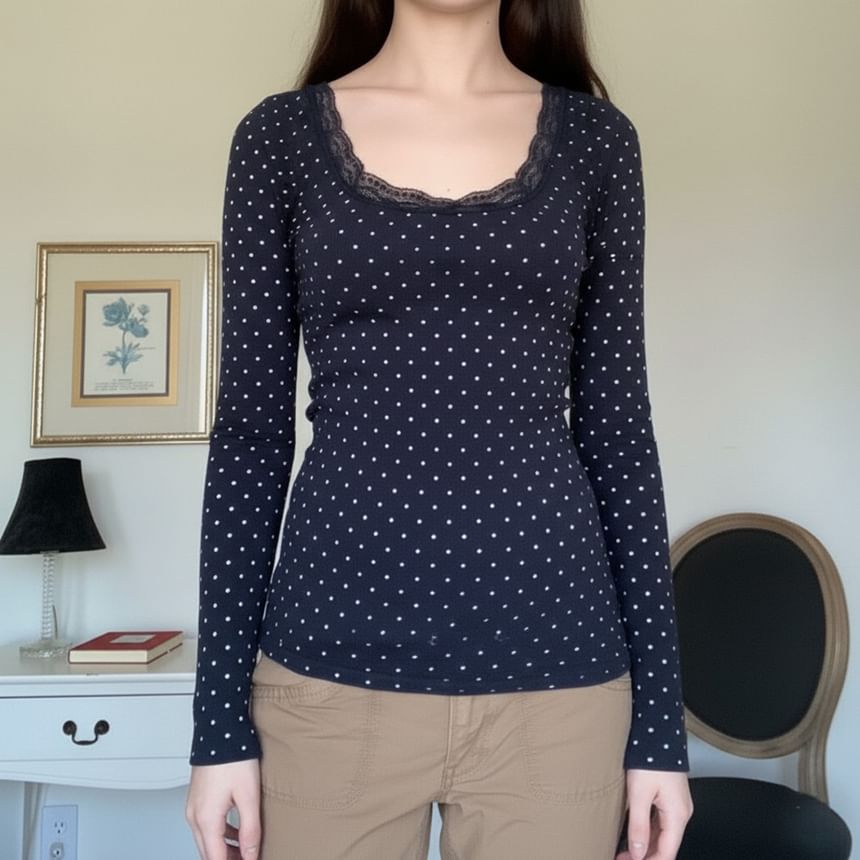 Scoop Neck Lace-Trim Dotted Slim-Fit T-Shirt Long Sleeve