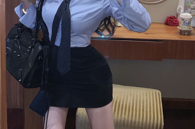 Long-Sleeve Collared Neck Tie Shirt & High Waist Mini Pencil Skirt