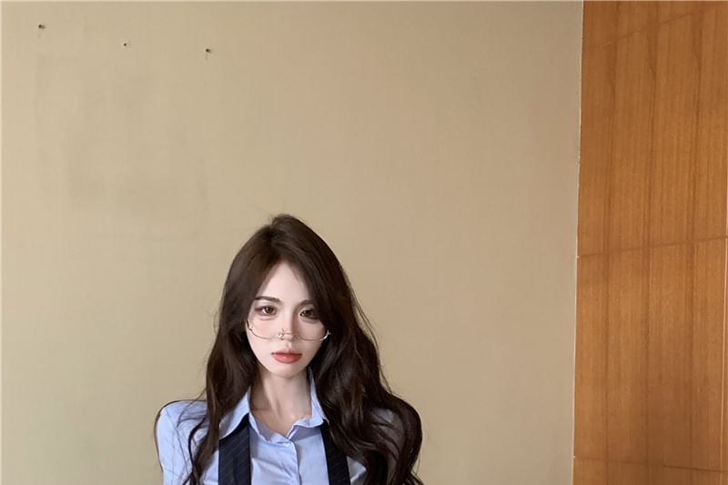 Long-Sleeve Collared Neck Tie Shirt & High Waist Mini Pencil Skirt