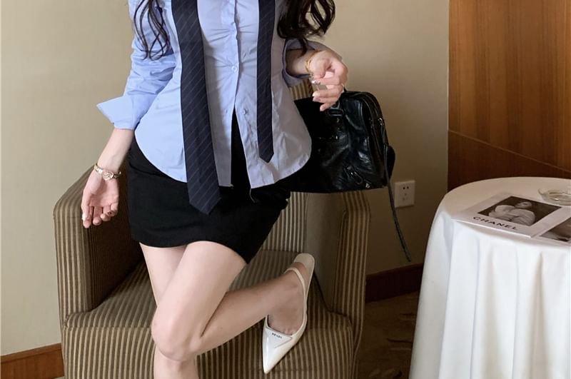 Long-Sleeve Collared Neck Tie Shirt & High Waist Mini Pencil Skirt