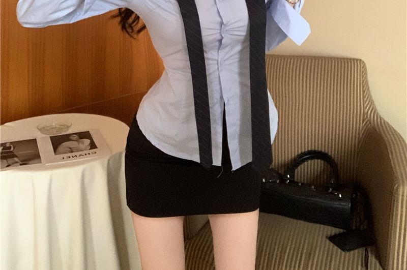Long-Sleeve Collared Neck Tie Shirt & High Waist Mini Pencil Skirt