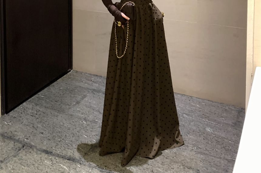 Long-Sleeve V-Neck Top & High Rise Dotted Maxi A-Line Skirt