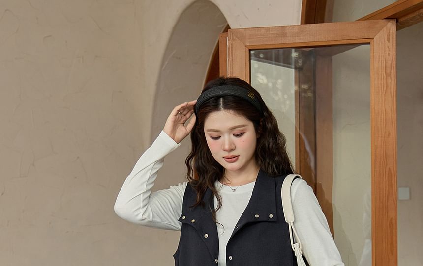 Stand Collar Plain Button Vest & Drawstring Waist Midi A-Line Skirt Set