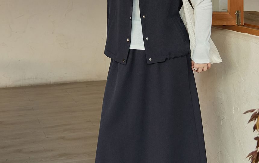 Stand Collar Plain Button Vest & Drawstring Waist Midi A-Line Skirt Set
