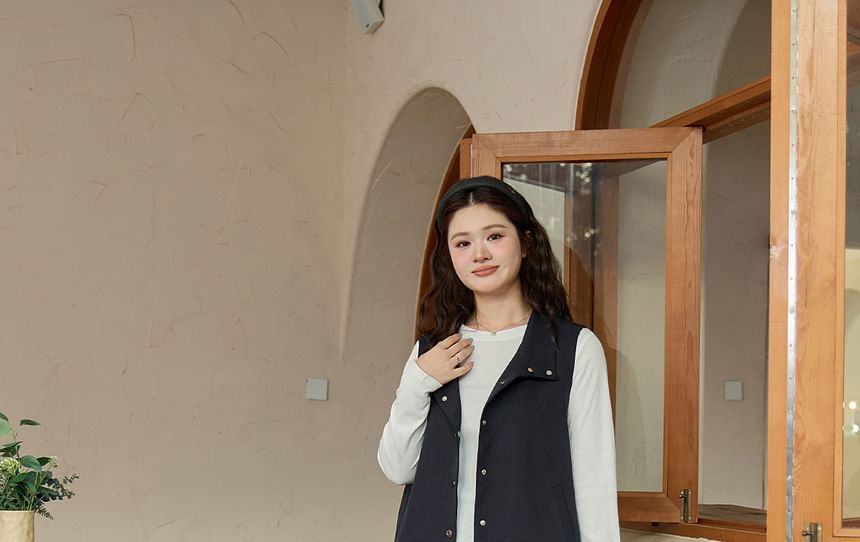 Stand Collar Plain Button Vest & Drawstring Waist Midi A-Line Skirt Set