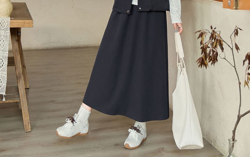 Stand Collar Plain Button Vest & Drawstring Waist Midi A-Line Skirt Set