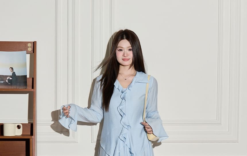 V-Neck Ruffle Blouse & Asymmetrical Midi A-Line Skirt Set