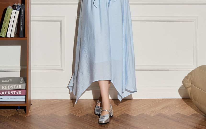 V-Neck Ruffle Blouse & Asymmetrical Midi A-Line Skirt Set